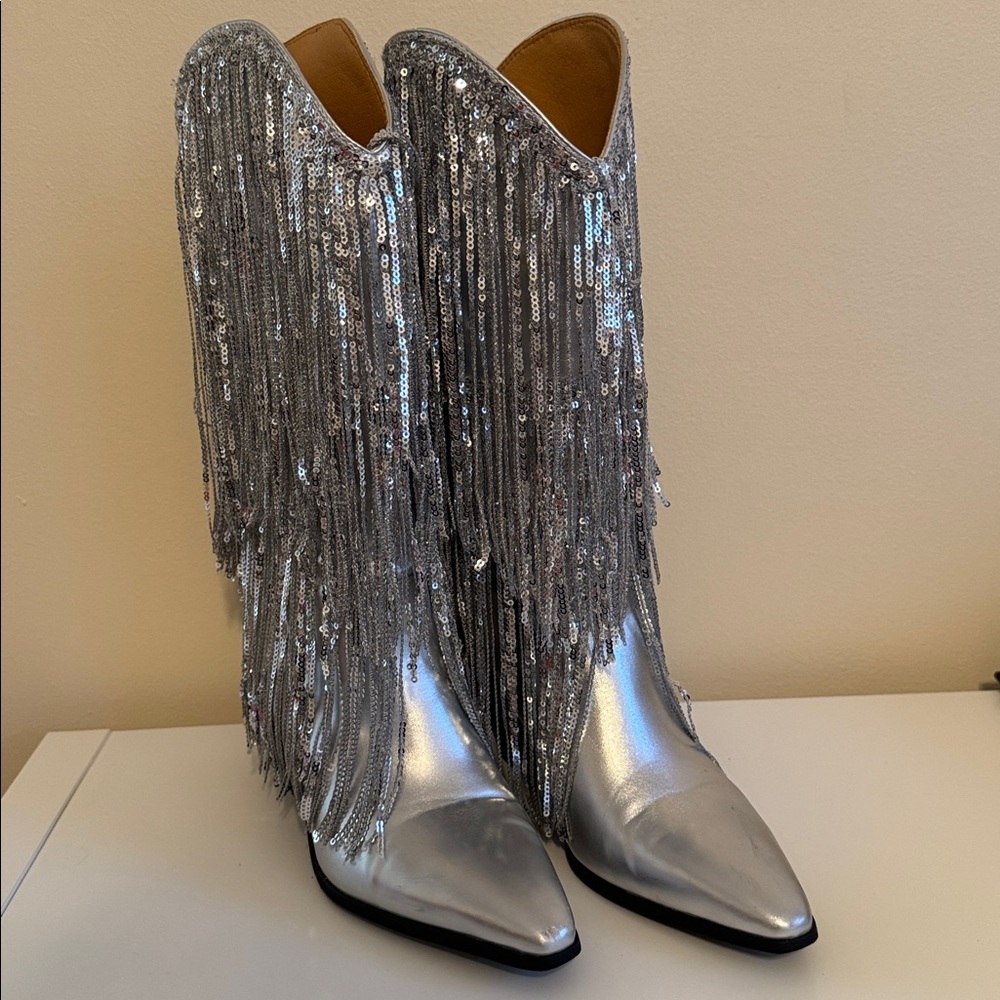 Silver Fringe Metallic Cowgirl Boots – Sparkly Statement Boots | Size 8